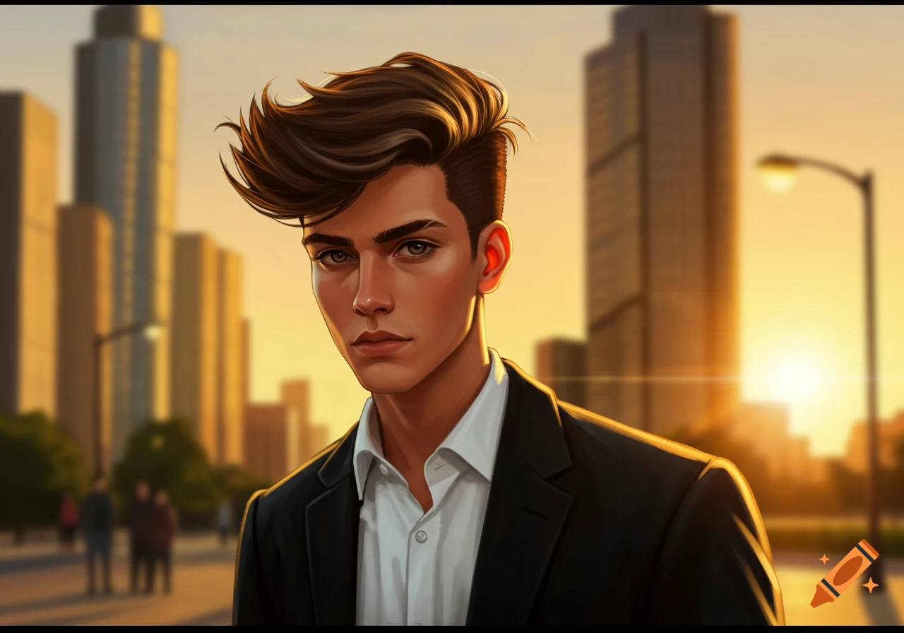 Digital art portrait of a young man with a swoosh haircut in a suit jacket, against a blurred city background at sunset.