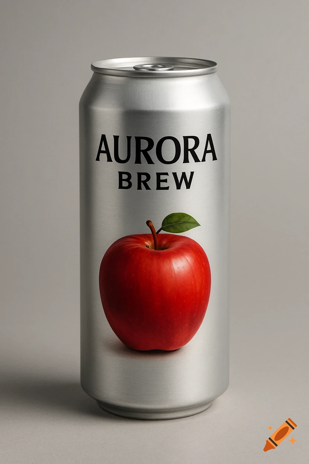 Photorealistic image of a tall, silver beverage can with "AURORA BREW" text and a red apple with a green leaf on its side.