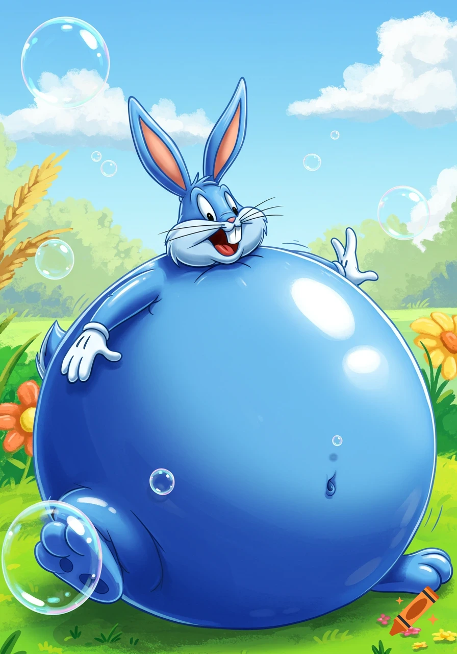 A blue-skinned Bugs Bunny, greatly inflated like a giant blueberry, floats in a grassy field with bubbles. Cartoon style.