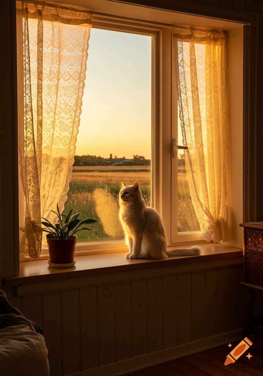 A fluffy white cat sits on a sunlit windowsill, looking out at a golden field through lace curtains during sunset.