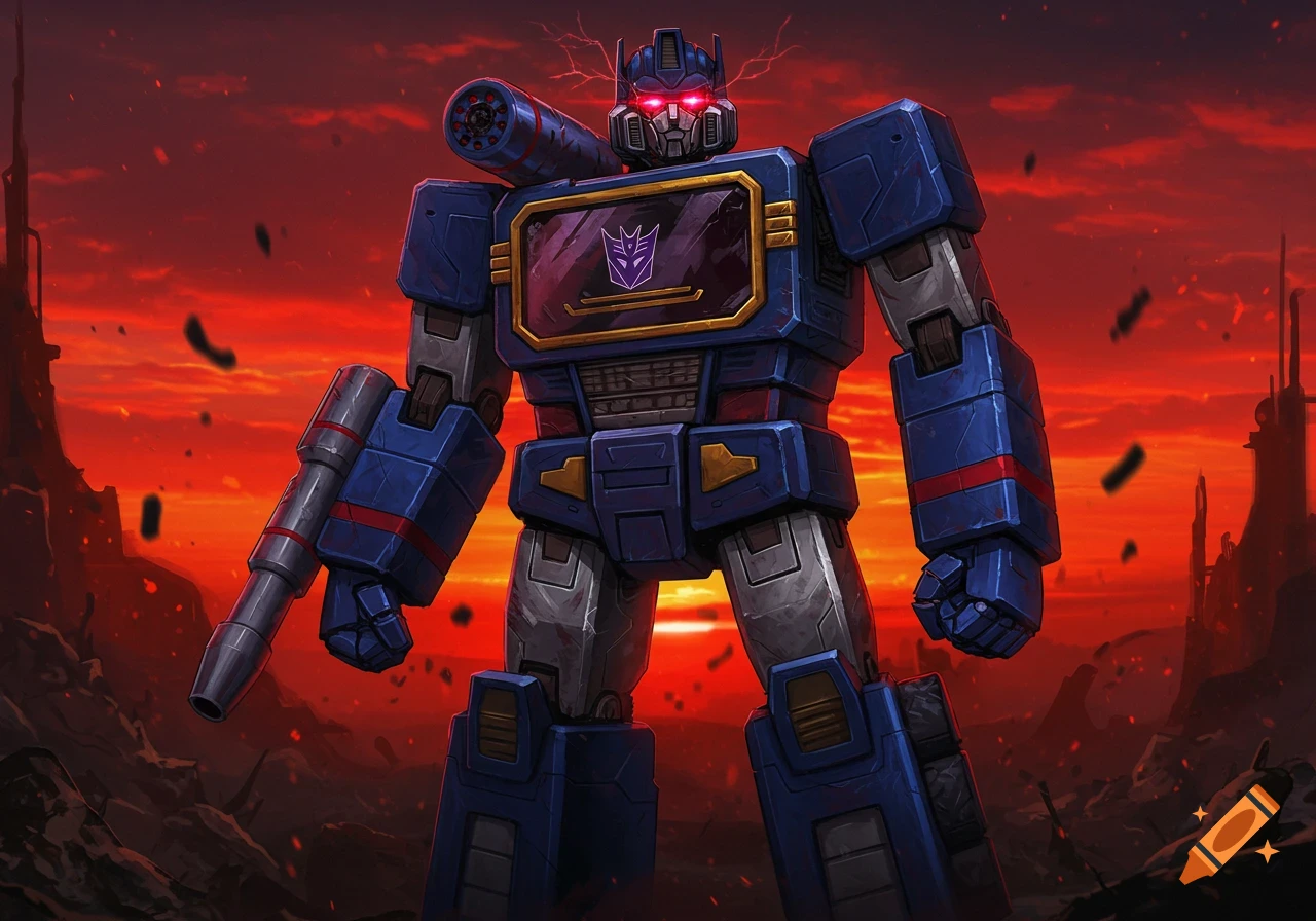 Soundwave, a blue Transformer robot with a shoulder cannon and red eyes, stands against a fiery orange-red sky in a desolate landscape.
