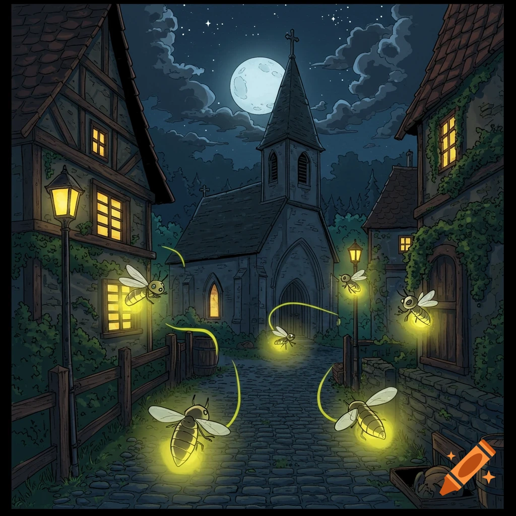Cartoon illustration of glowing fireflies flying over a cobblestone path in an old village at night, with a church and houses under a full moon.
