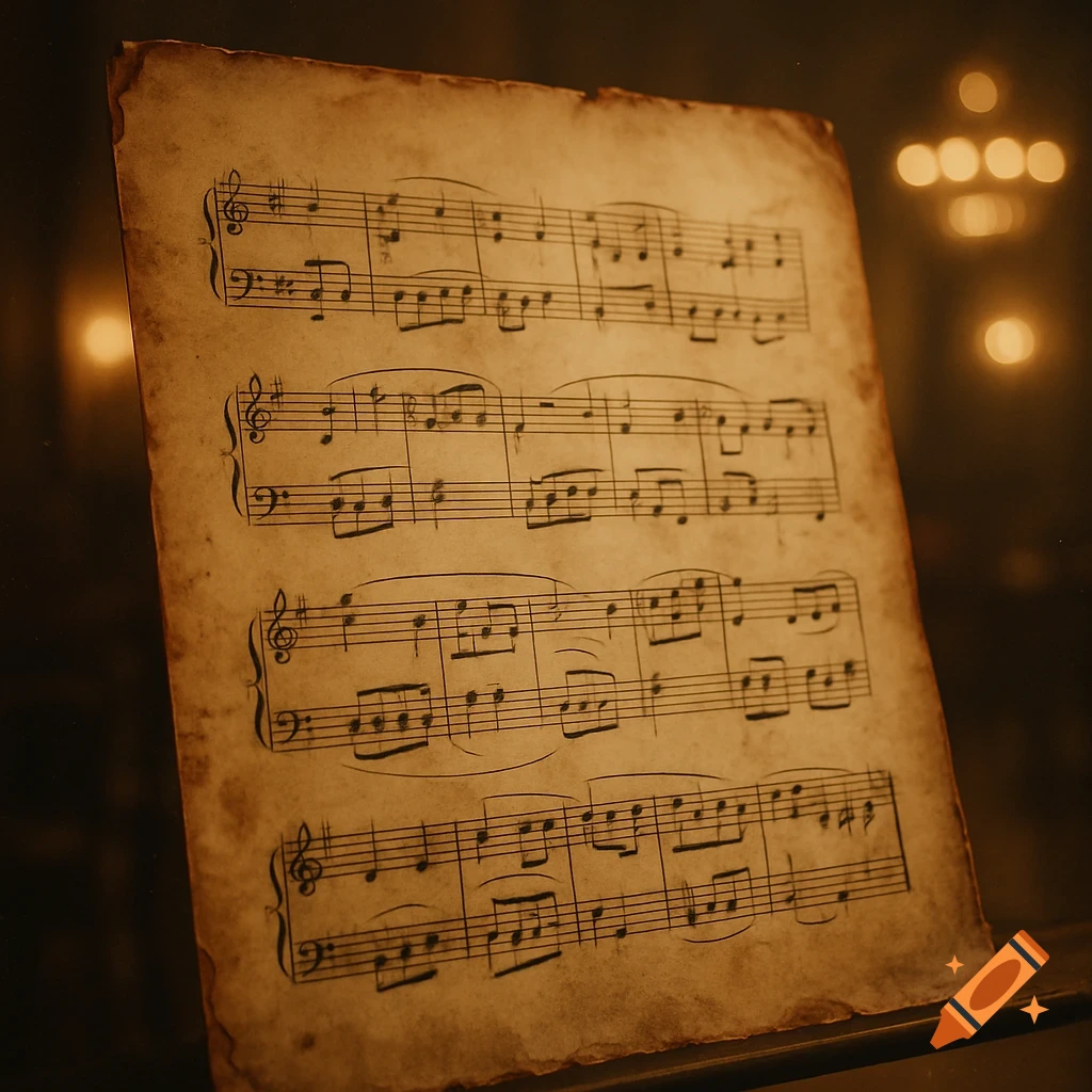 A vintage piece of sheet music with musical notes and clefs on old, distressed paper, dimly lit.