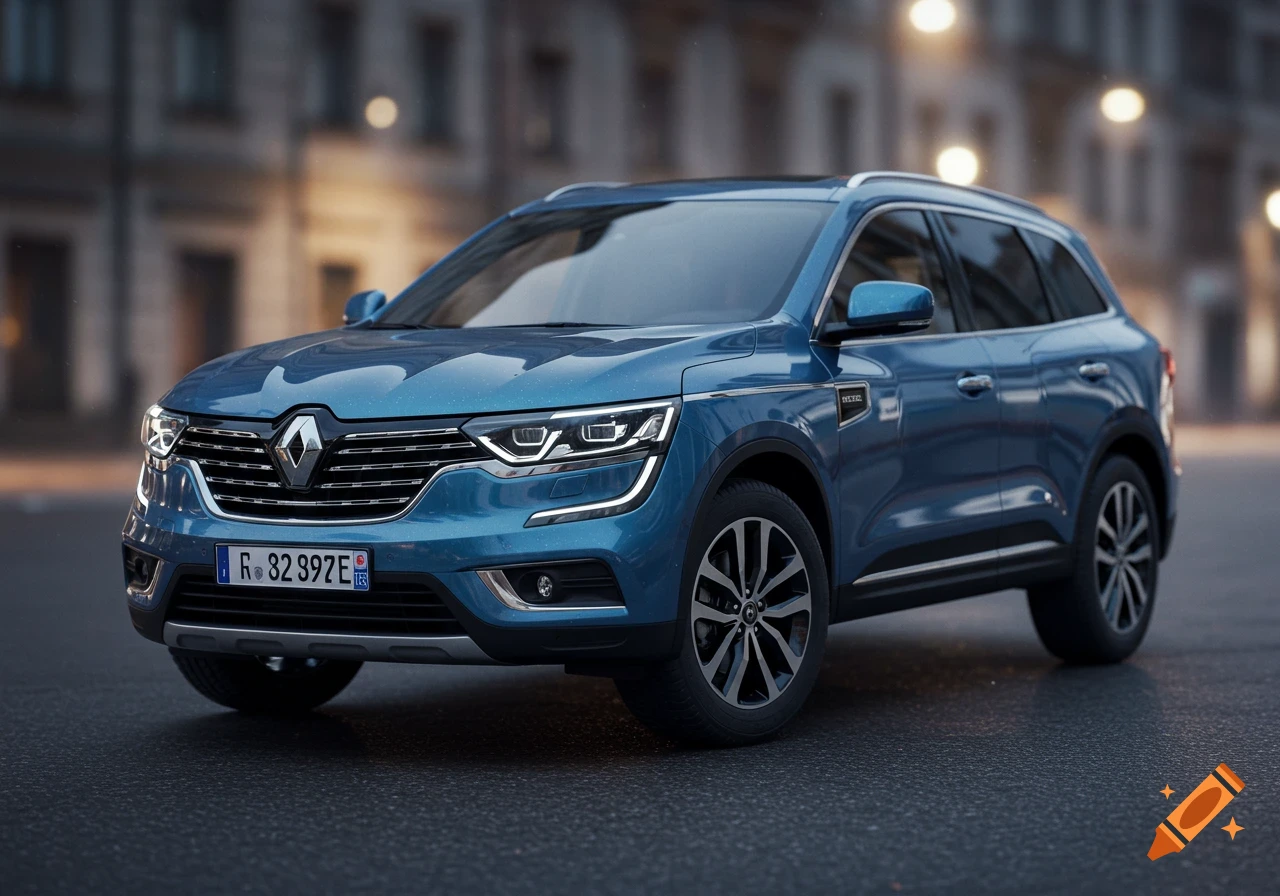 A photorealistic blue Renault Koleos II SUV is parked on an urban street with blurred buildings and lights in the background.