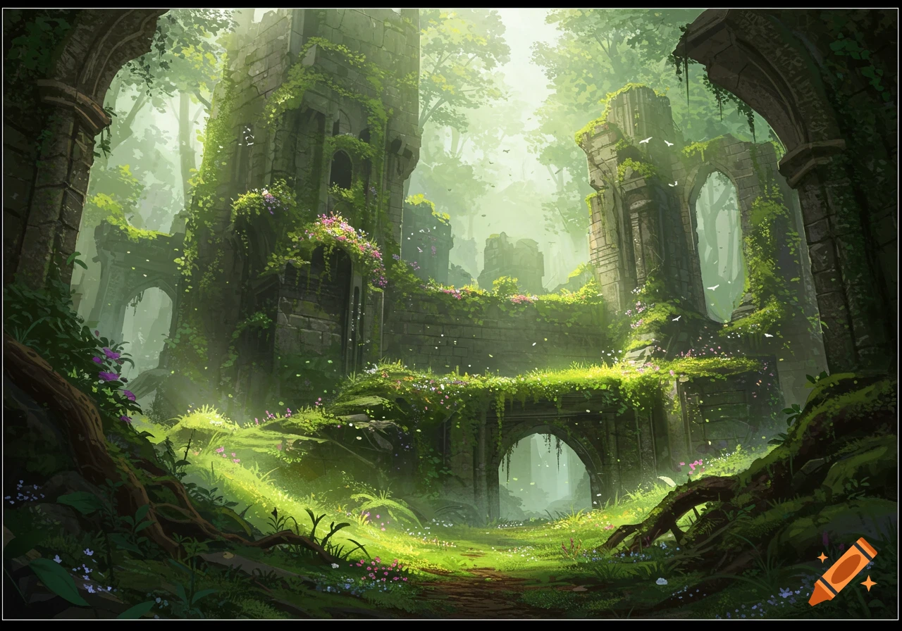 A vibrant fantasy landscape depicting ancient, moss-covered castle ruins and flowering vines in a sun-dappled forest.