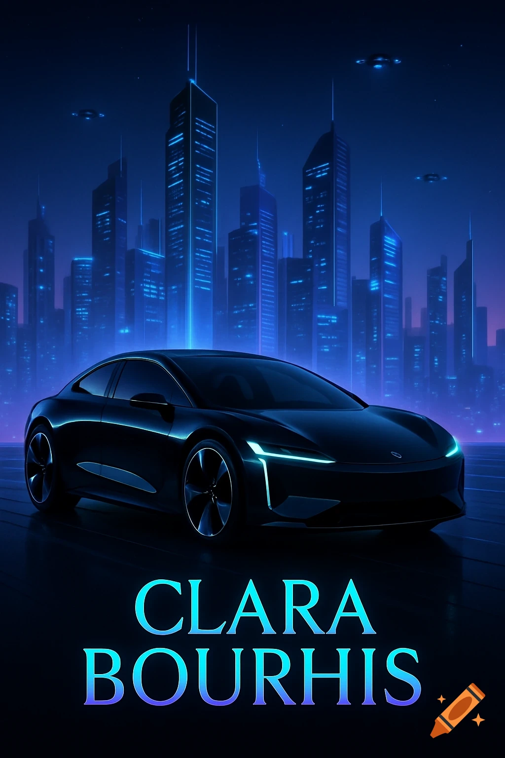 A futuristic black car with glowing headlights against a neon blue cyberpunk city skyline, with flying saucers. Text reads CLARA BOURHIS.