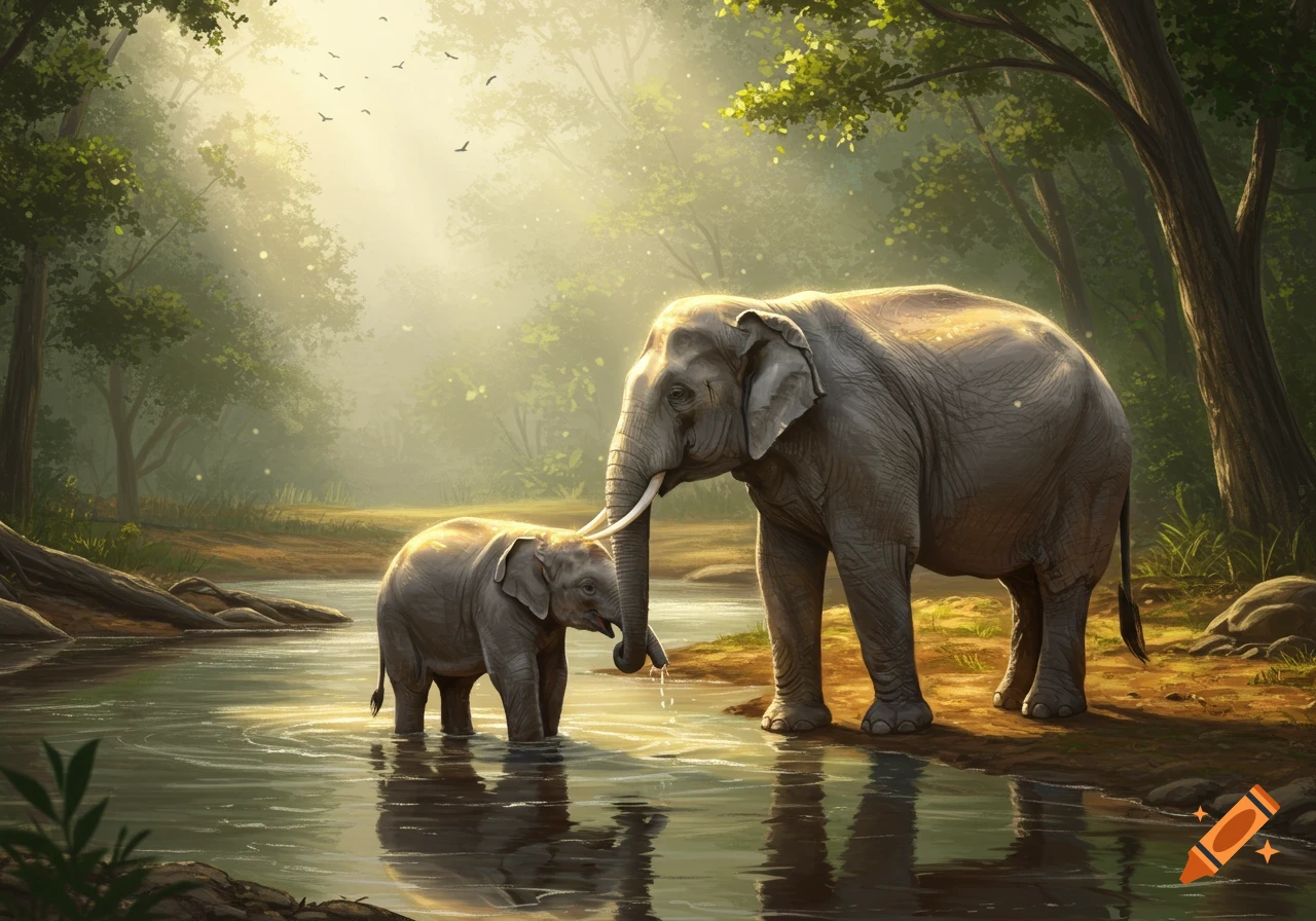 Elephant Family in a Forest With Water From a Distance created on Craiyon, image size:1280x896