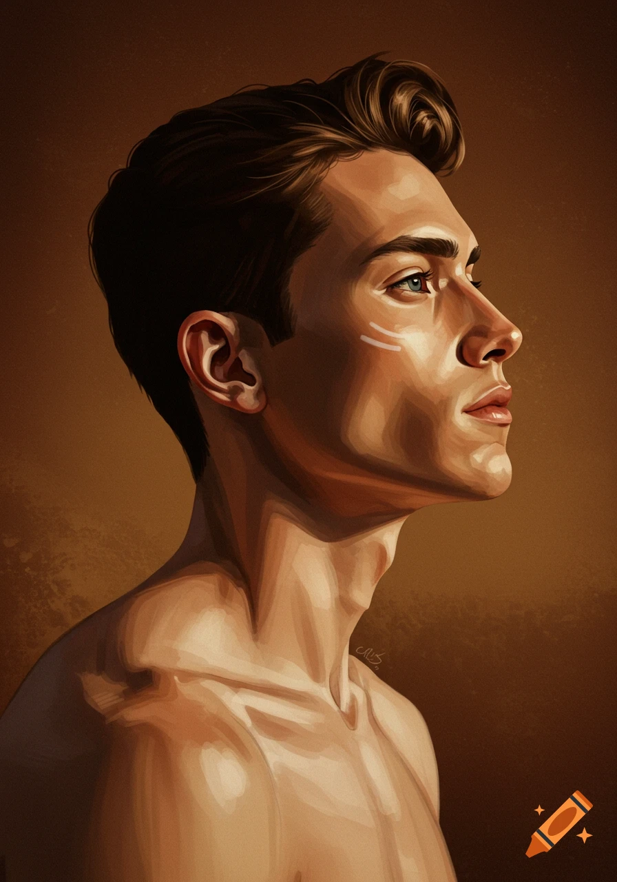 Digital painting of a shirtless young man in profile with dark hair, white face markings, looking up against a brown background.