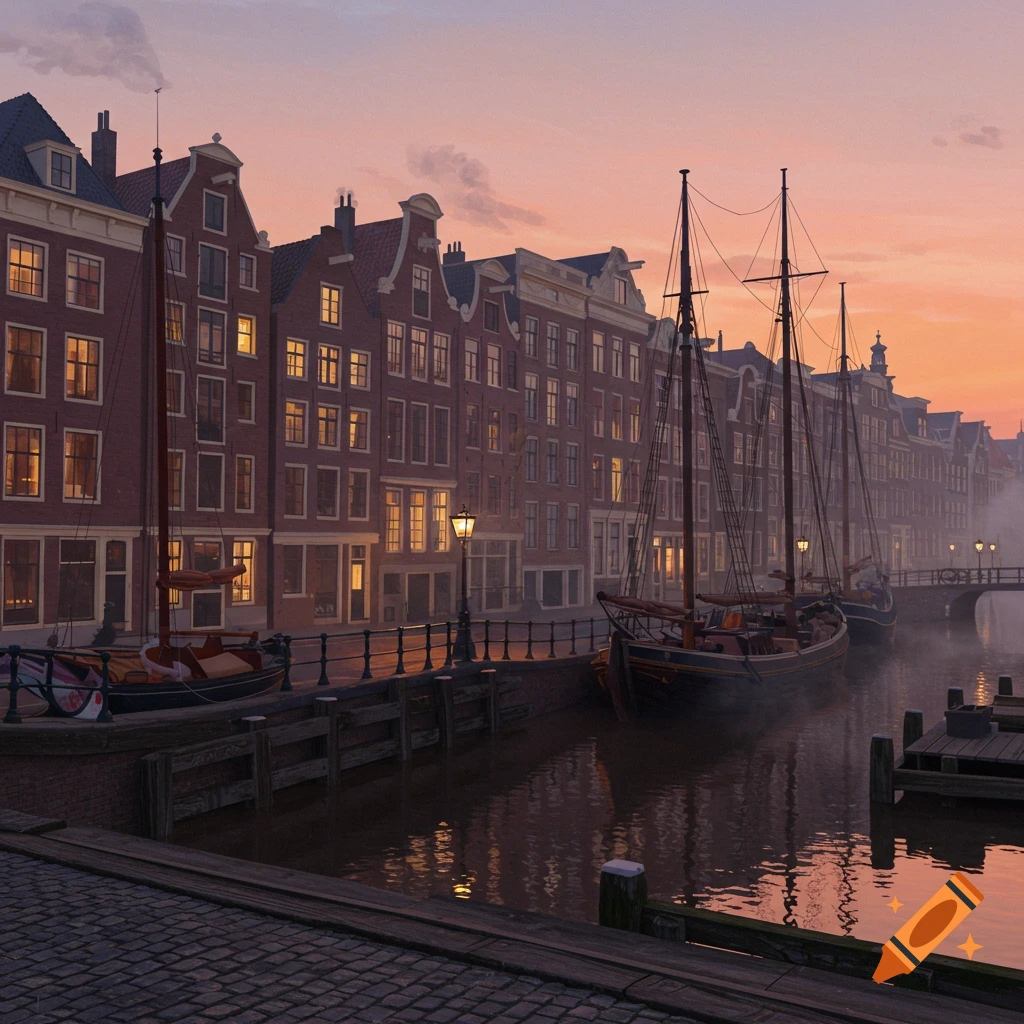 Photorealistic canal city at dusk, showing brick buildings, moored boats, and warm orange light.