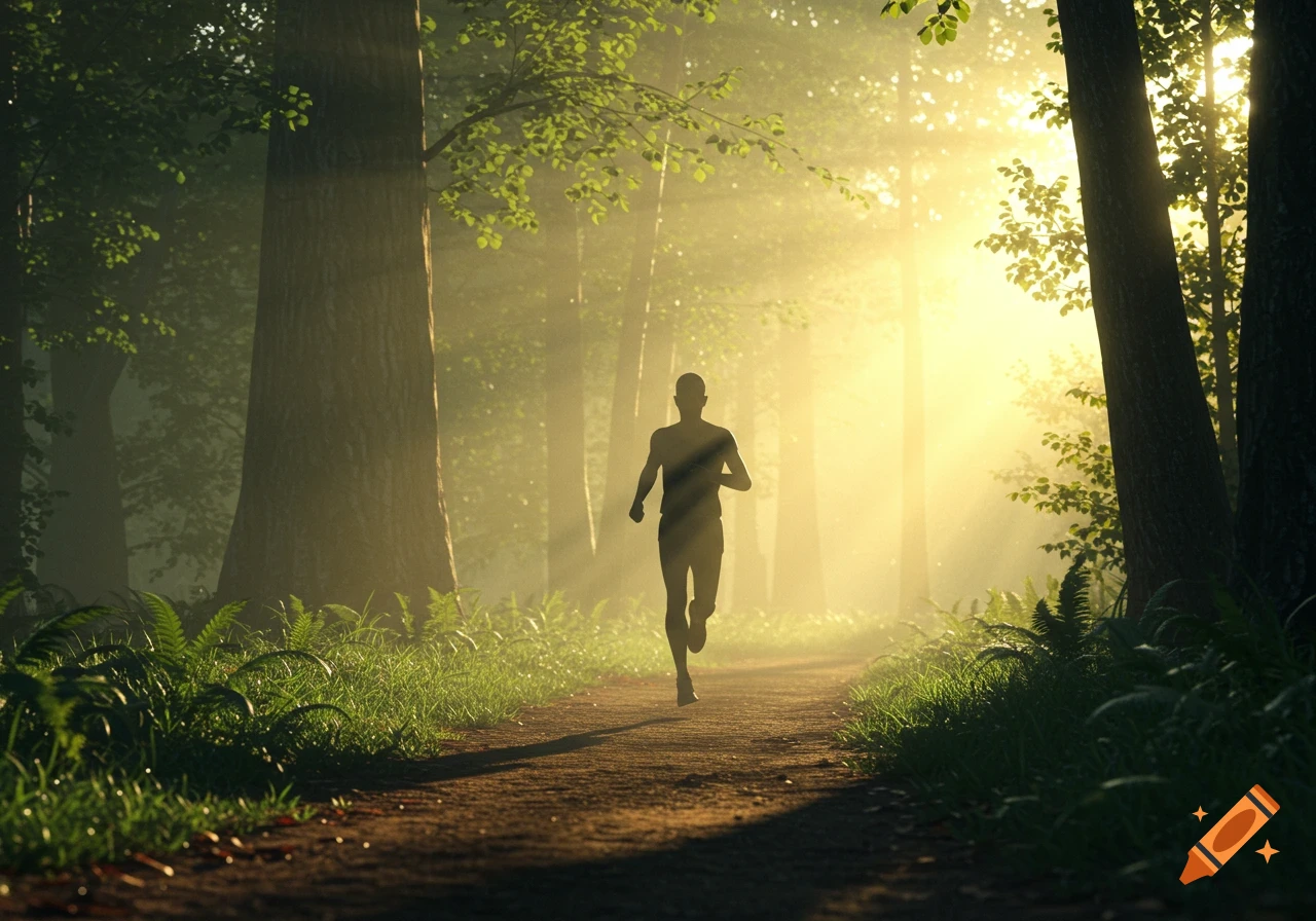 A lone runner is silhouetted on a dirt path through a misty forest as golden sun rays stream through the trees.