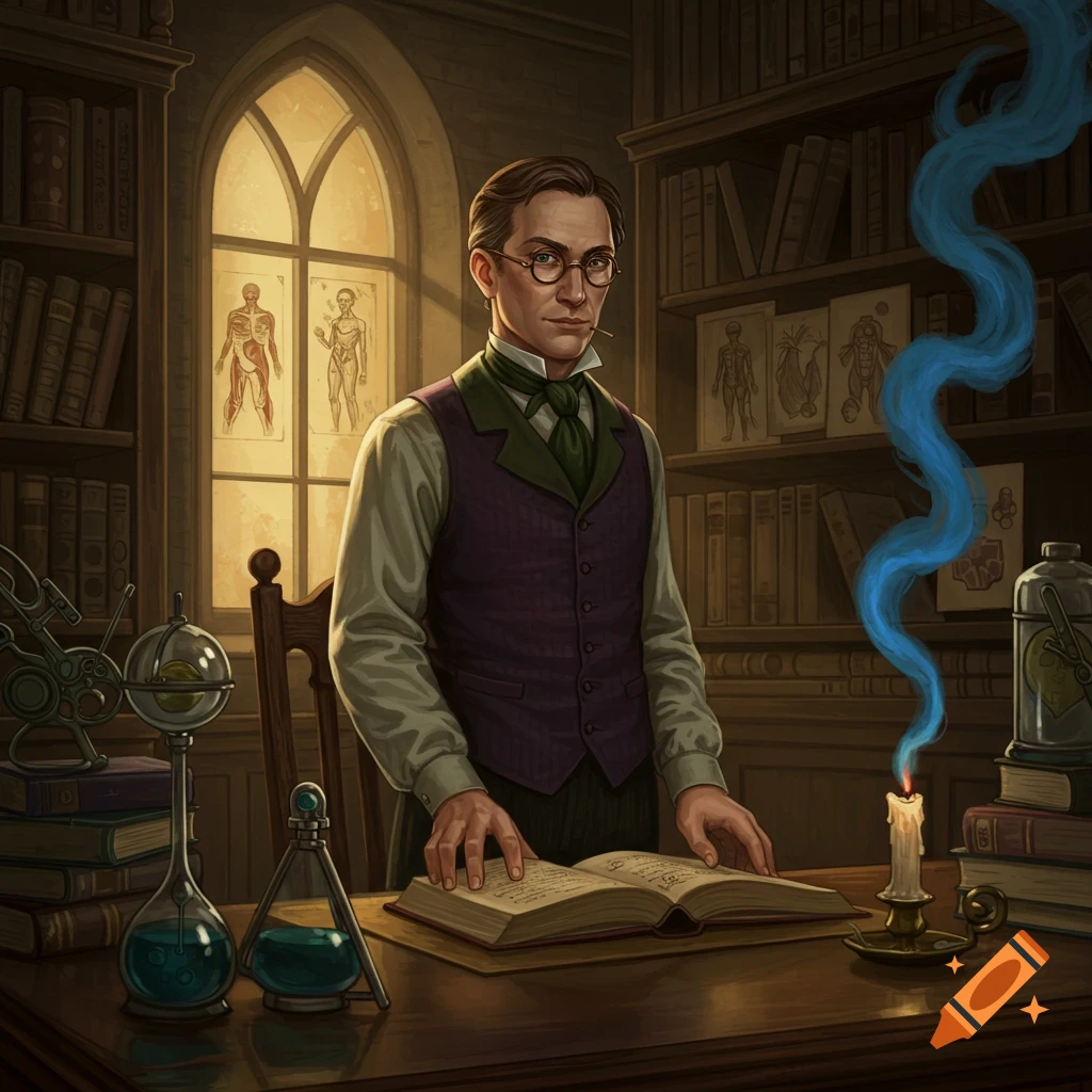 A man in glasses and a vest reads a book at a desk filled with scientific instruments and books, in a dimly lit study with gothic windows.