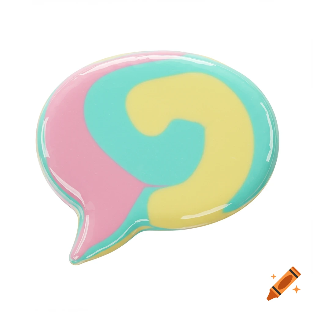 A glossy, pastel pink, yellow, and blue swirled speech bubble shaped like a piece of candy on a white background.