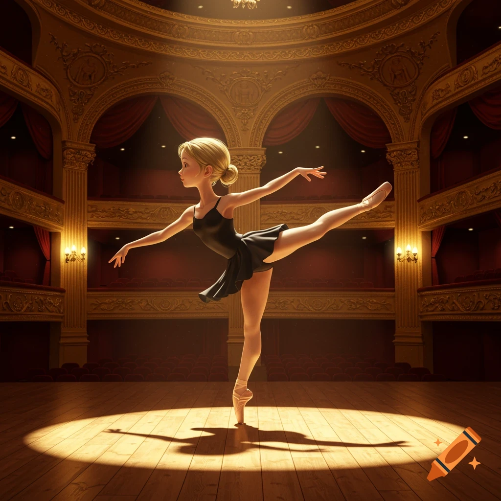 A young blonde ballet dancer in a black leotard performs on a spotlighted wooden stage in a grand theater.