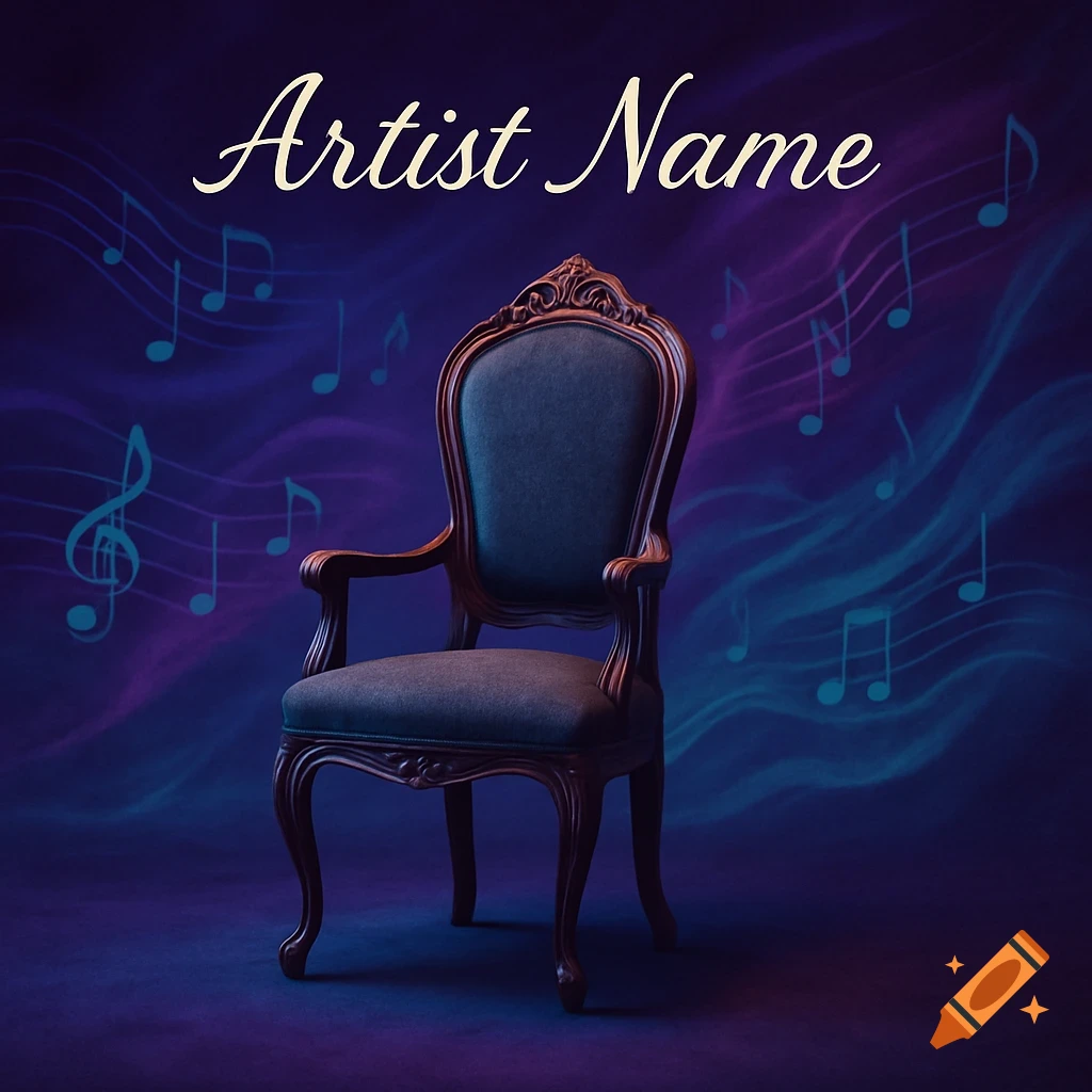 An ornate dark chair on a purple-blue gradient background with musical notes and 'Artist Name' text, like an album cover.