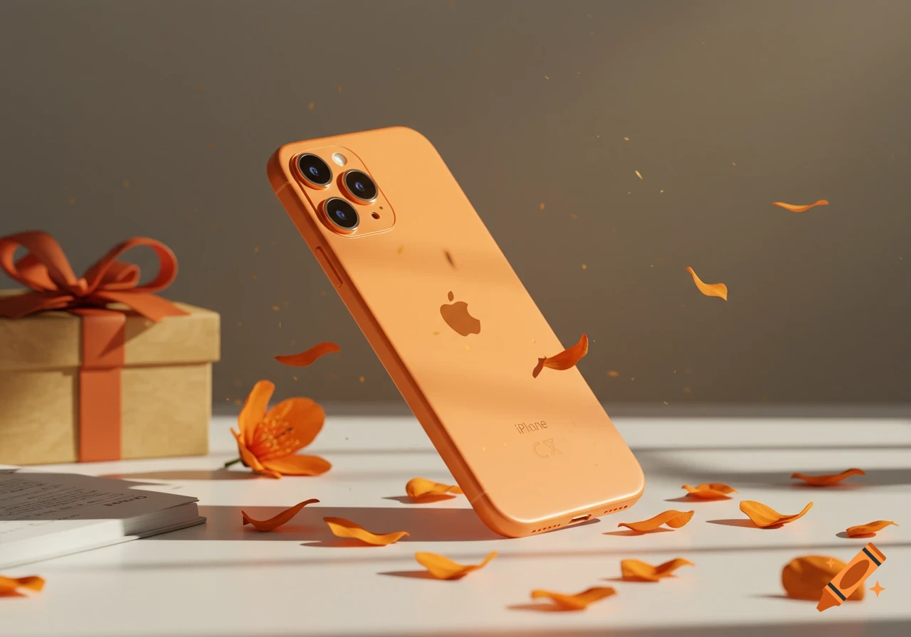 An orange iPhone floats upright on a white surface, surrounded by scattered orange petals and a flower, with a gift box and book in soft light.