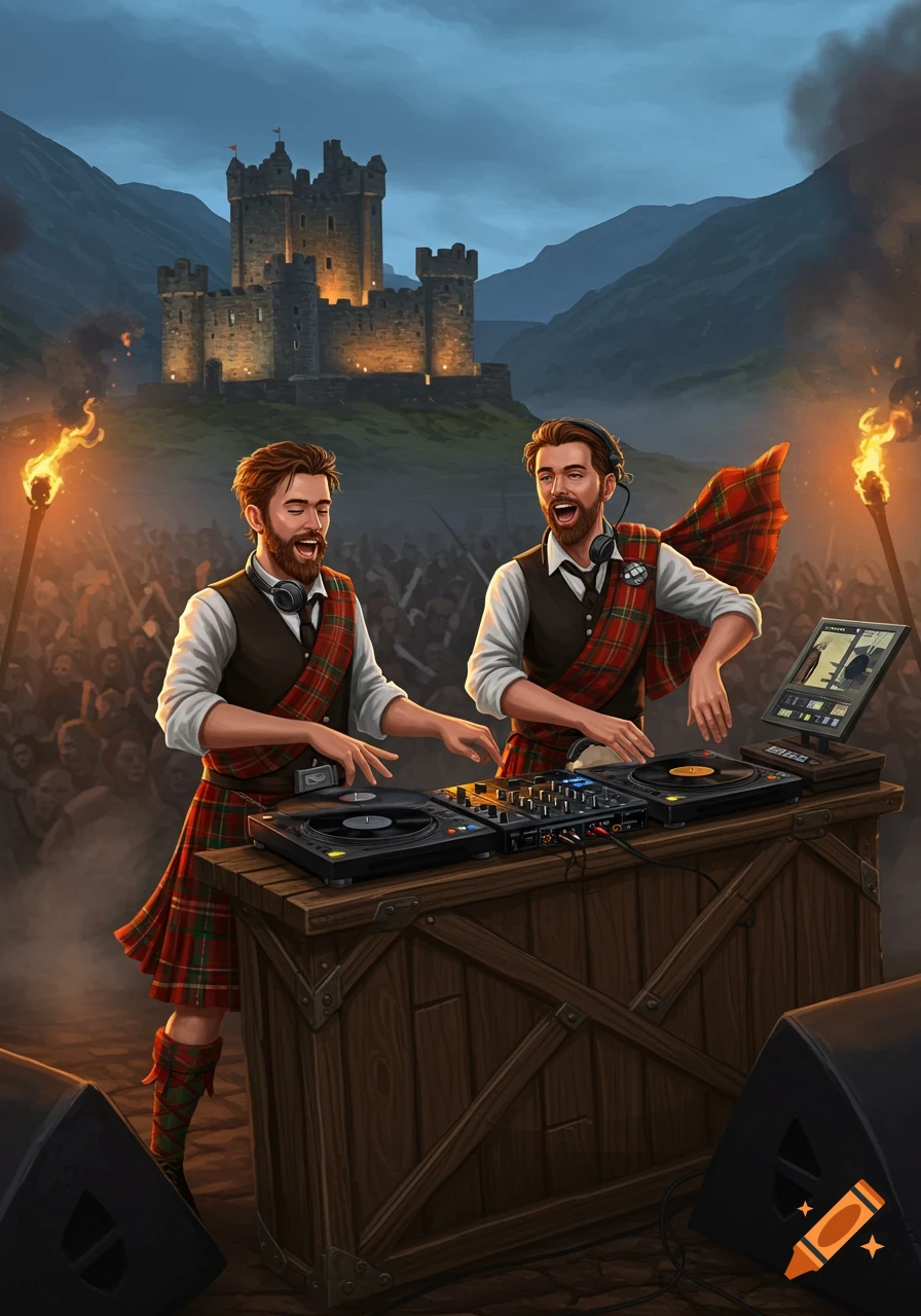 Bearded Scottish men in kilts DJing with vinyl records at an outdoor concert in front of a castle and torch-lit crowd, digital art.