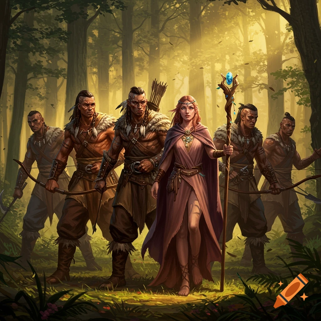 A fantasy woman with a glowing staff leads five tribal men with bows through a sunlit forest, digital art.