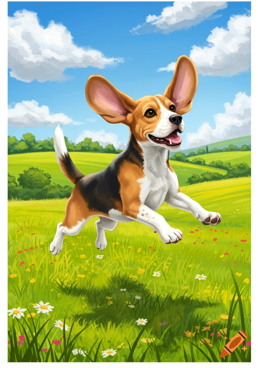 A happy, cartoon-style beagle dog with large ears leaps through a vibrant green field filled with wildflowers under a bright blue sky.