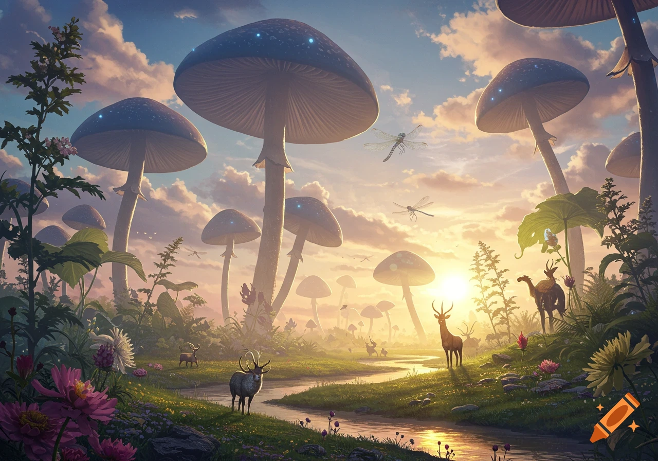 A fantasy landscape at sunset with giant luminous mushrooms, deer, dragonflies, a winding stream, and vibrant flora.