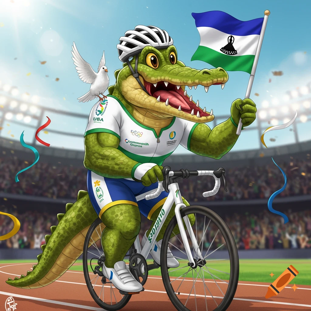 A cartoon crocodile mascot in a cycling uniform and helmet rides a bike. A white dove sits on its shoulder, and it holds a Lesotho flag.