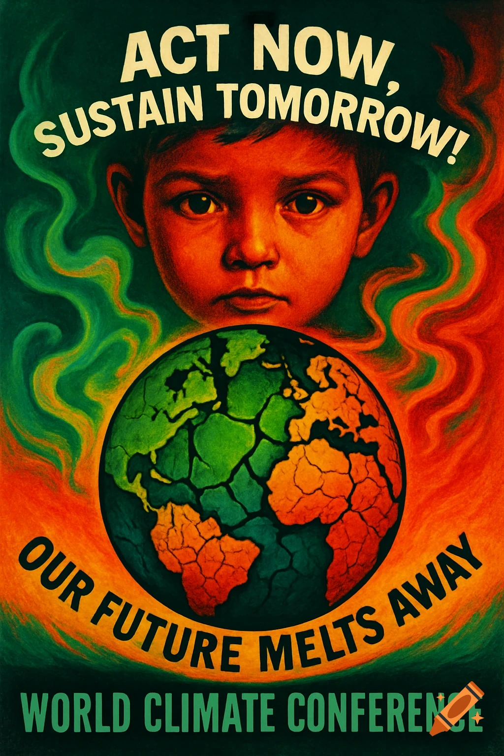 Vintage poster with a solemn child's face above a cracked globe, surrounded by green and red swirls, with climate change text.