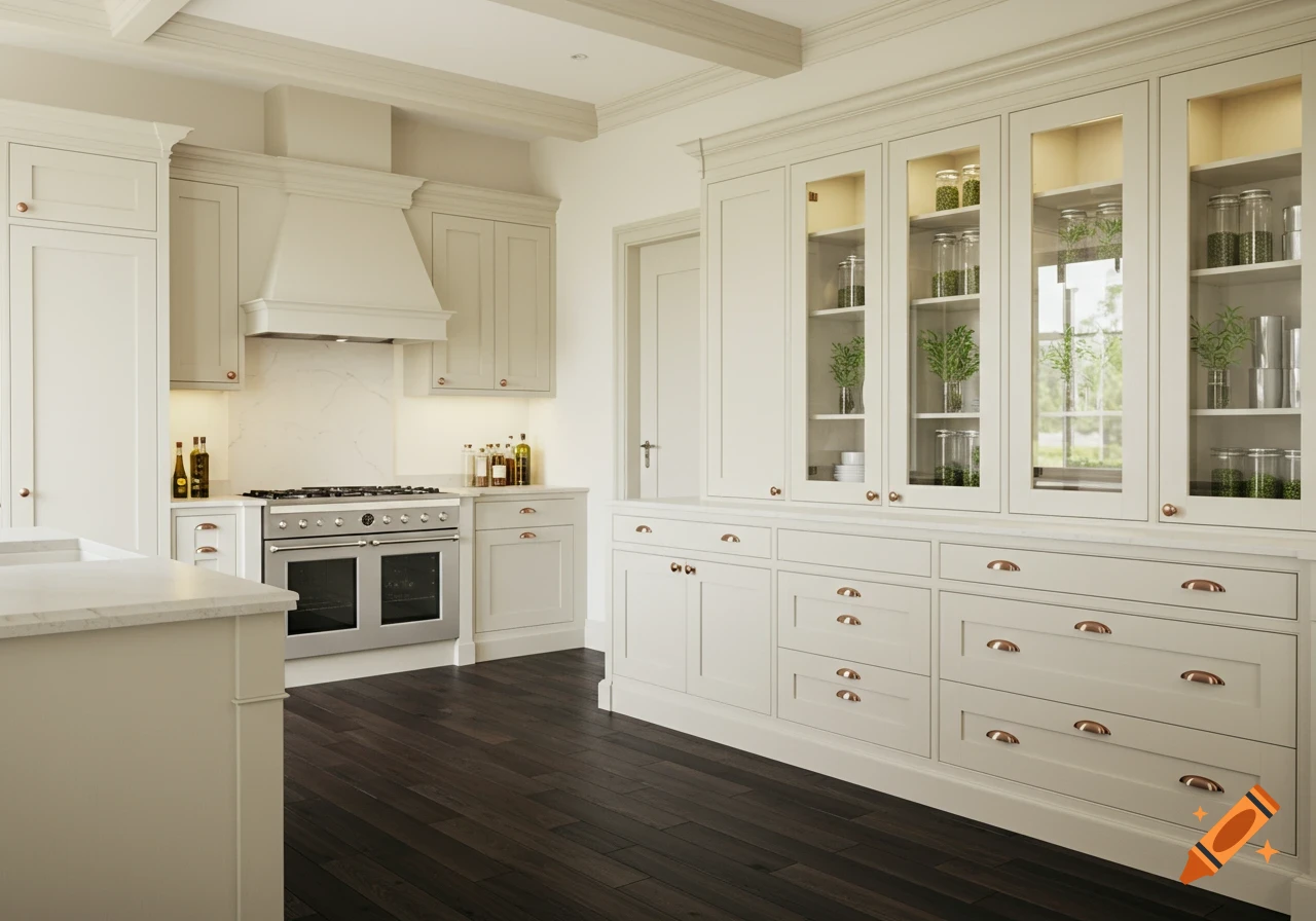 A cream-colored kitchen with ceiling and floor cabinets, some with glass doors displaying jars of herbs, and dark walnut floors.