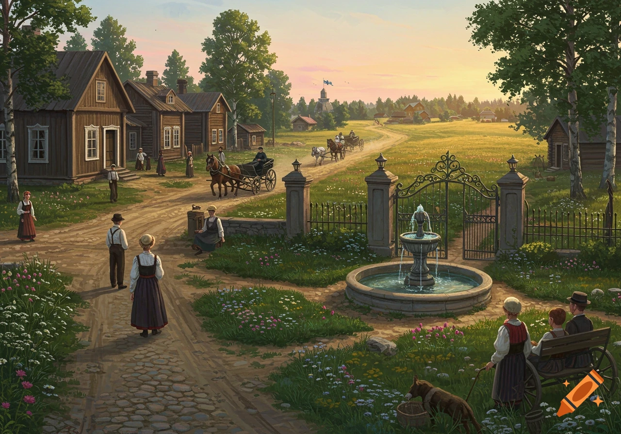 Painterly view of a 1900s village with people, carriages on a dirt road, wooden houses, a fountain, and fields at sunset.