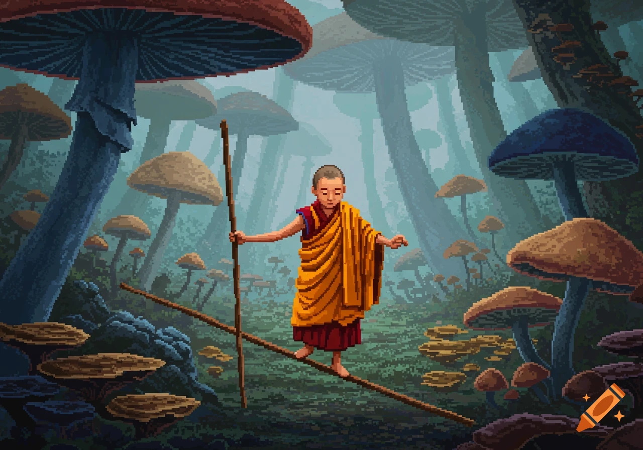 A young monk balances on a staff in a misty, vast mushroom forest, depicted in highly detailed pixel art.