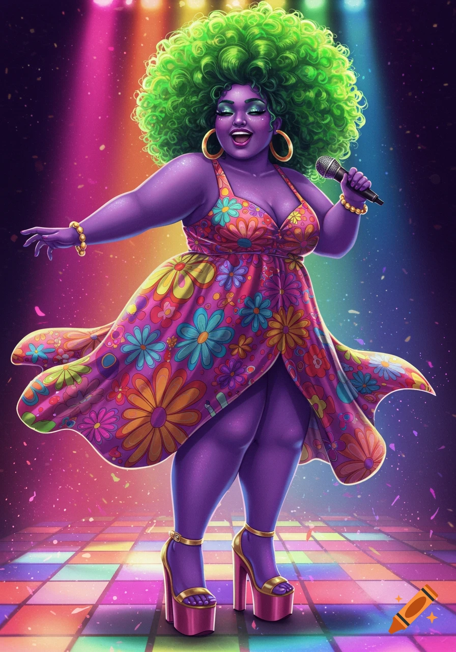 A vibrant illustration of a plus-size woman with purple skin and a neon green afro, wearing a floral disco dress and platform heels, singing and dancing on a colorful tiled stage under spotlights.