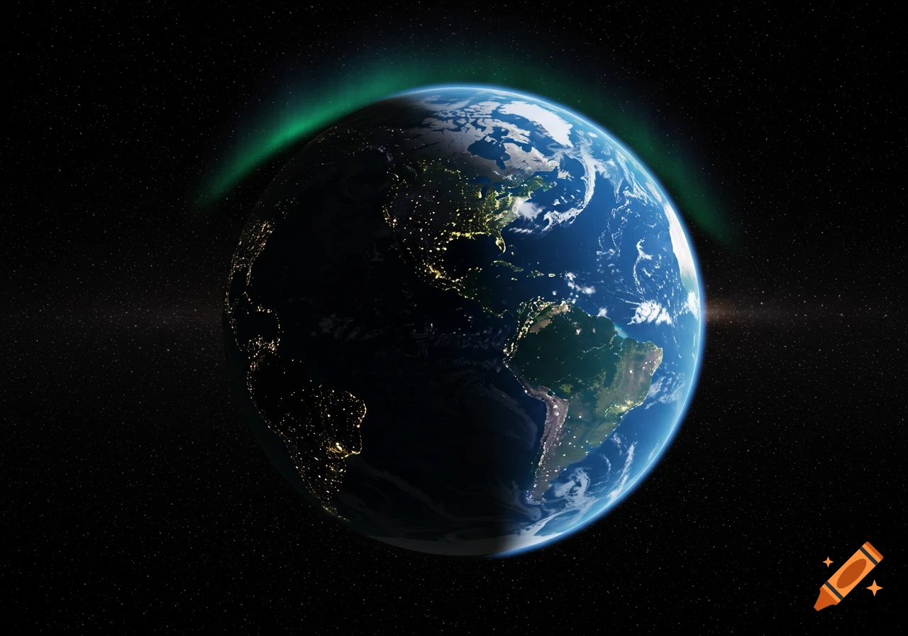 A photorealistic depiction of Earth from space at night, showing city lights, clouds, and a green aurora over the northern hemisphere.