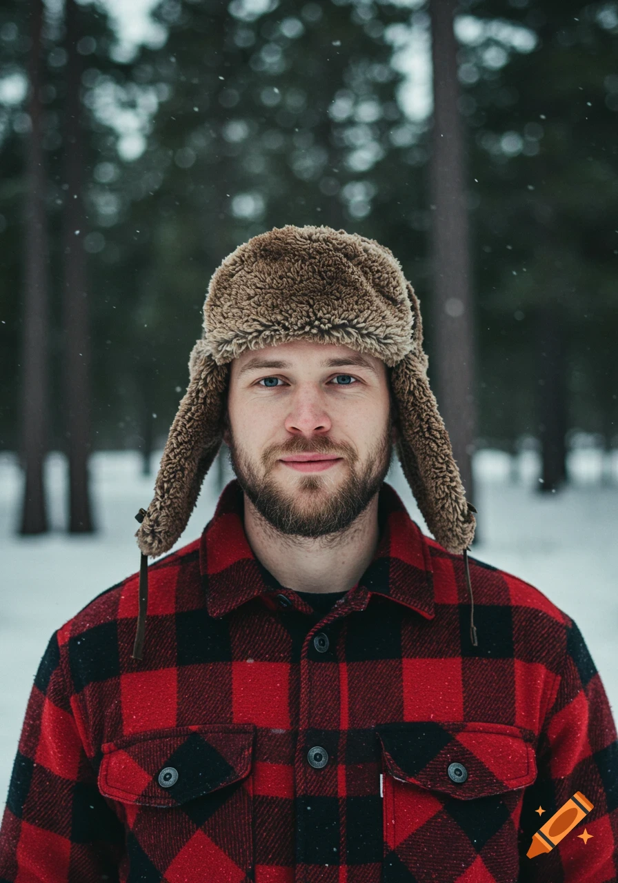 A man with a beard wearing a red and black flannel jacket and a brown fur ushanka hat, standing in a snowy forest.