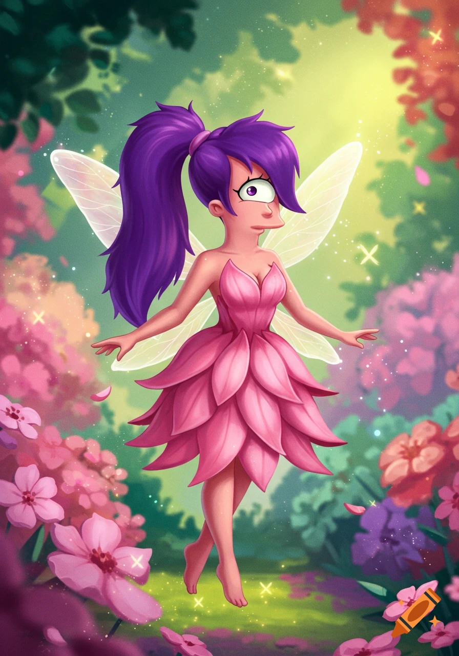 Cartoon Leela from Futurama as a fairy in a pink petal dress, with wings, floating in a lush, magical forest with pink flowers.