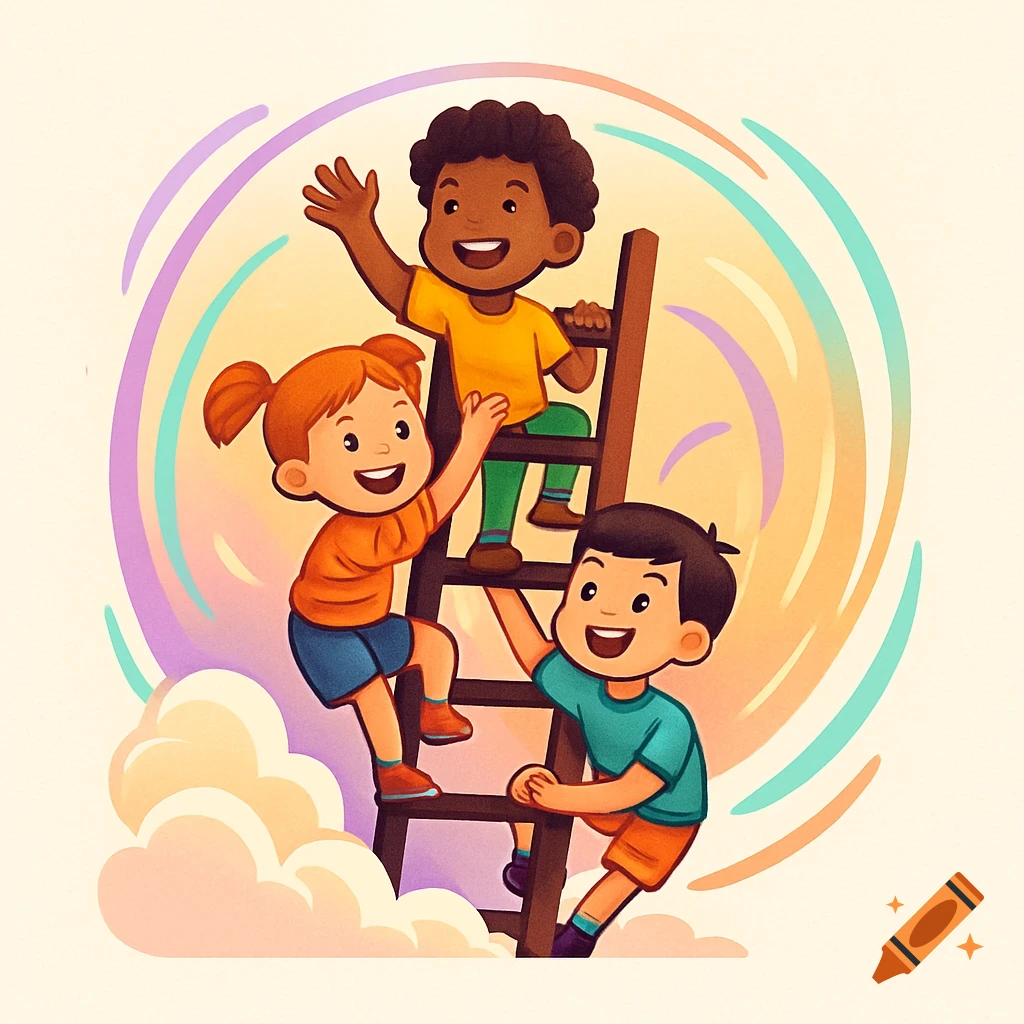 Happy cartoon illustration of three diverse children climbing a wooden ladder against a pastel background.