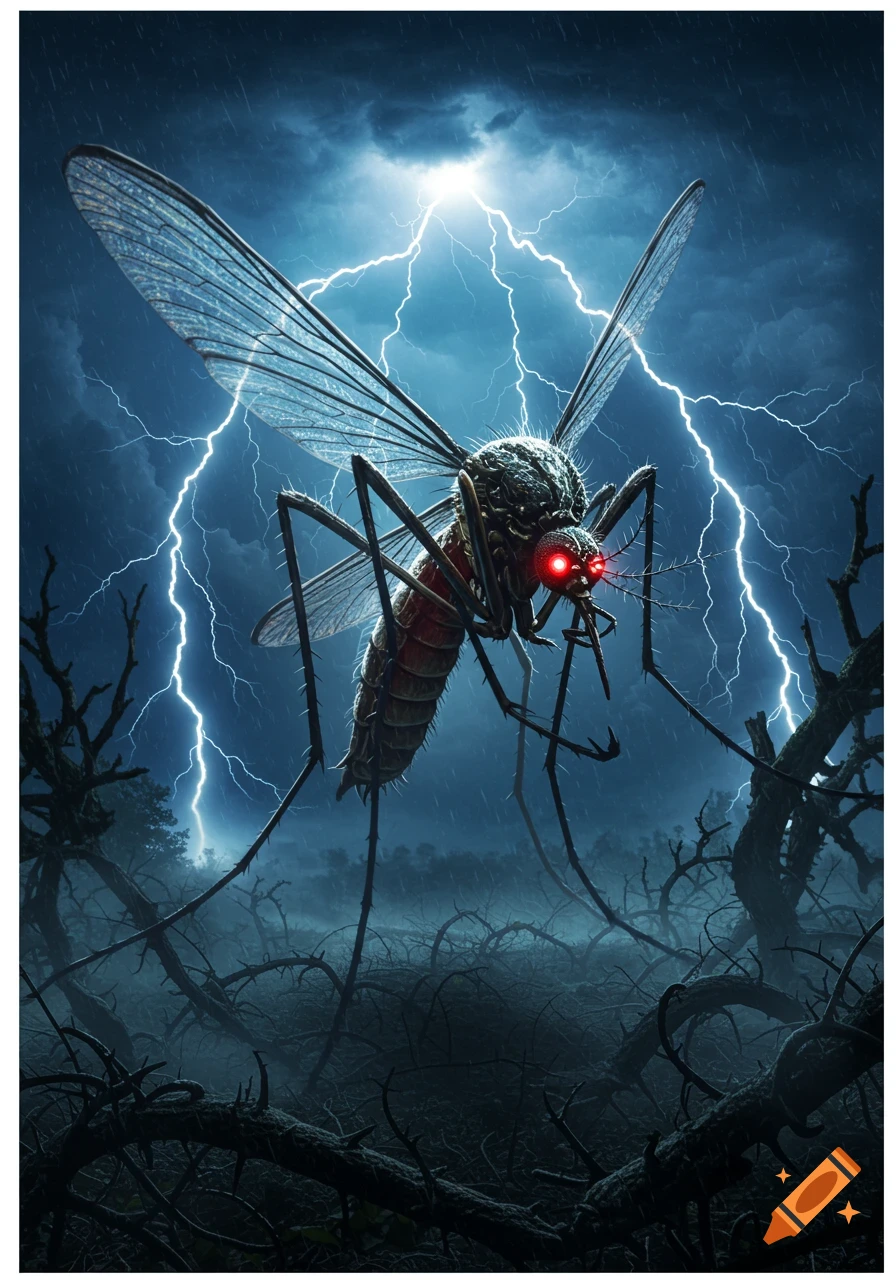 A gigantic mosquito with glowing red eyes hovers in a dark, stormy sky filled with lightning over a gnarled, barren forest.