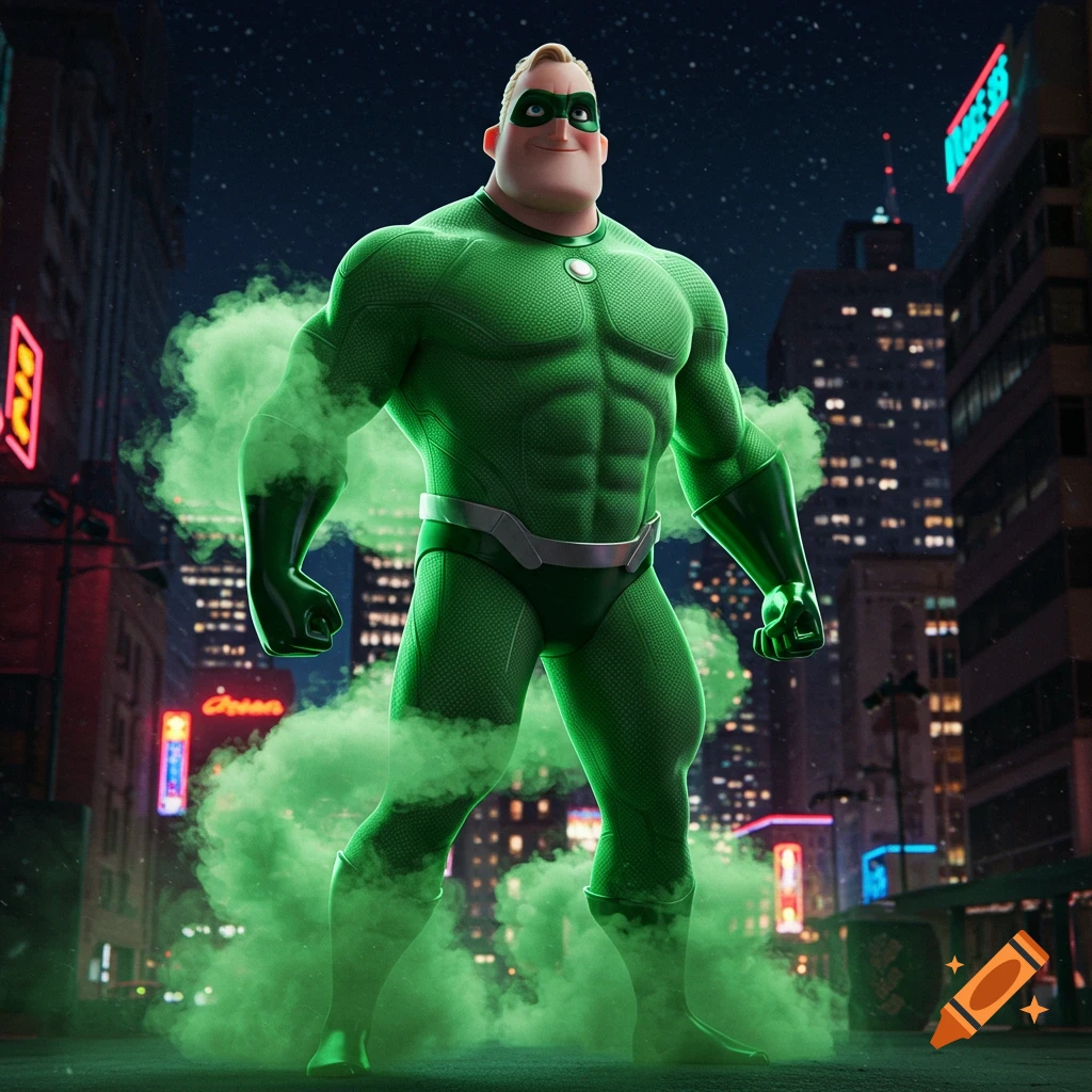 Animated Mr. Incredible in a green superhero suit, surrounded by green smoke, standing in a neon city at night.