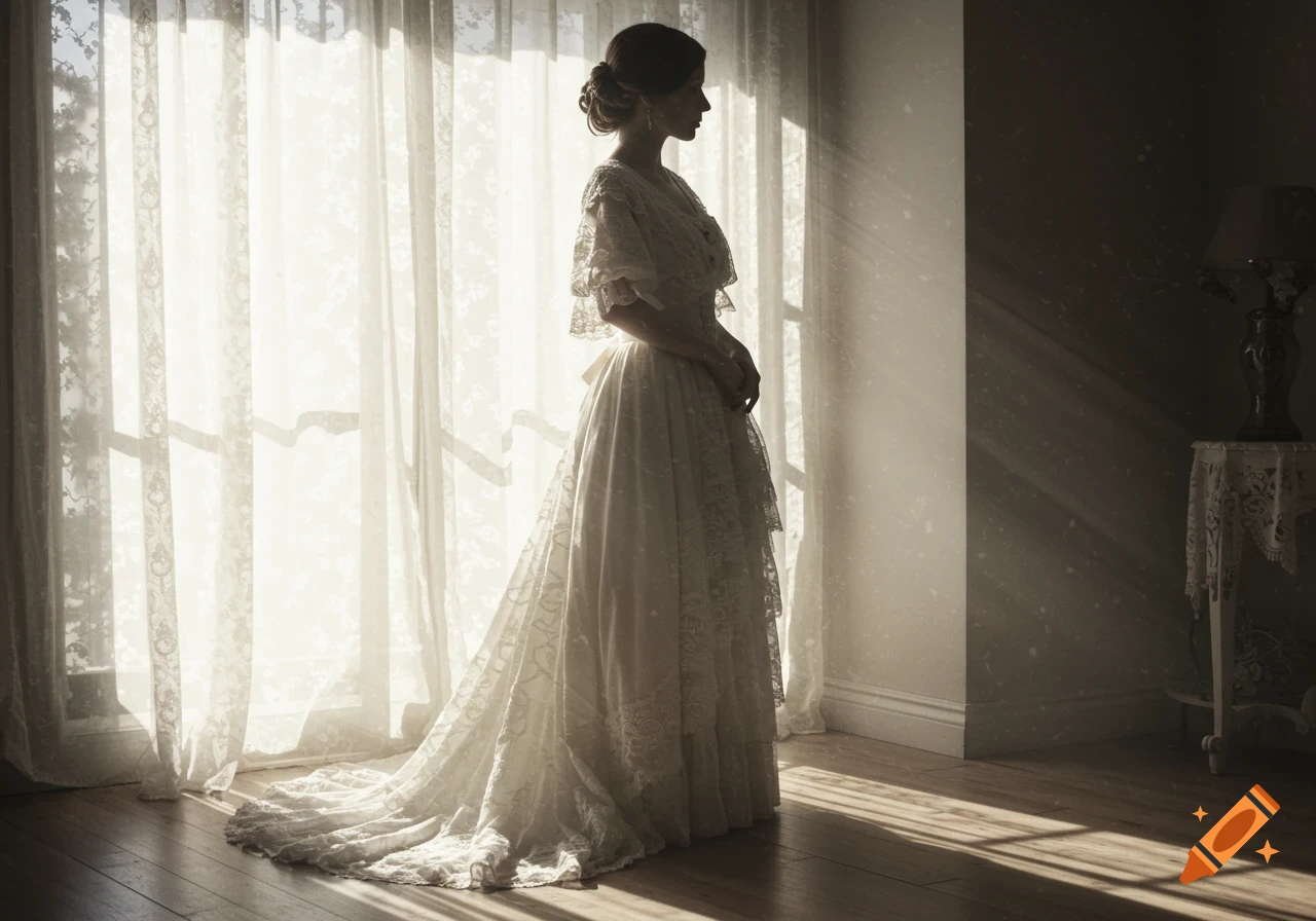 An elegant woman in a vintage dress stands silhouetted against a sunlit window, creating dramatic lighting.