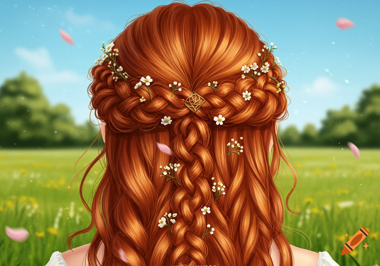 Close-up of a woman's intricate braided reddish-brown hair adorned with small white flowers and a golden clasp, seen from behind against a bright green field and blue sky.