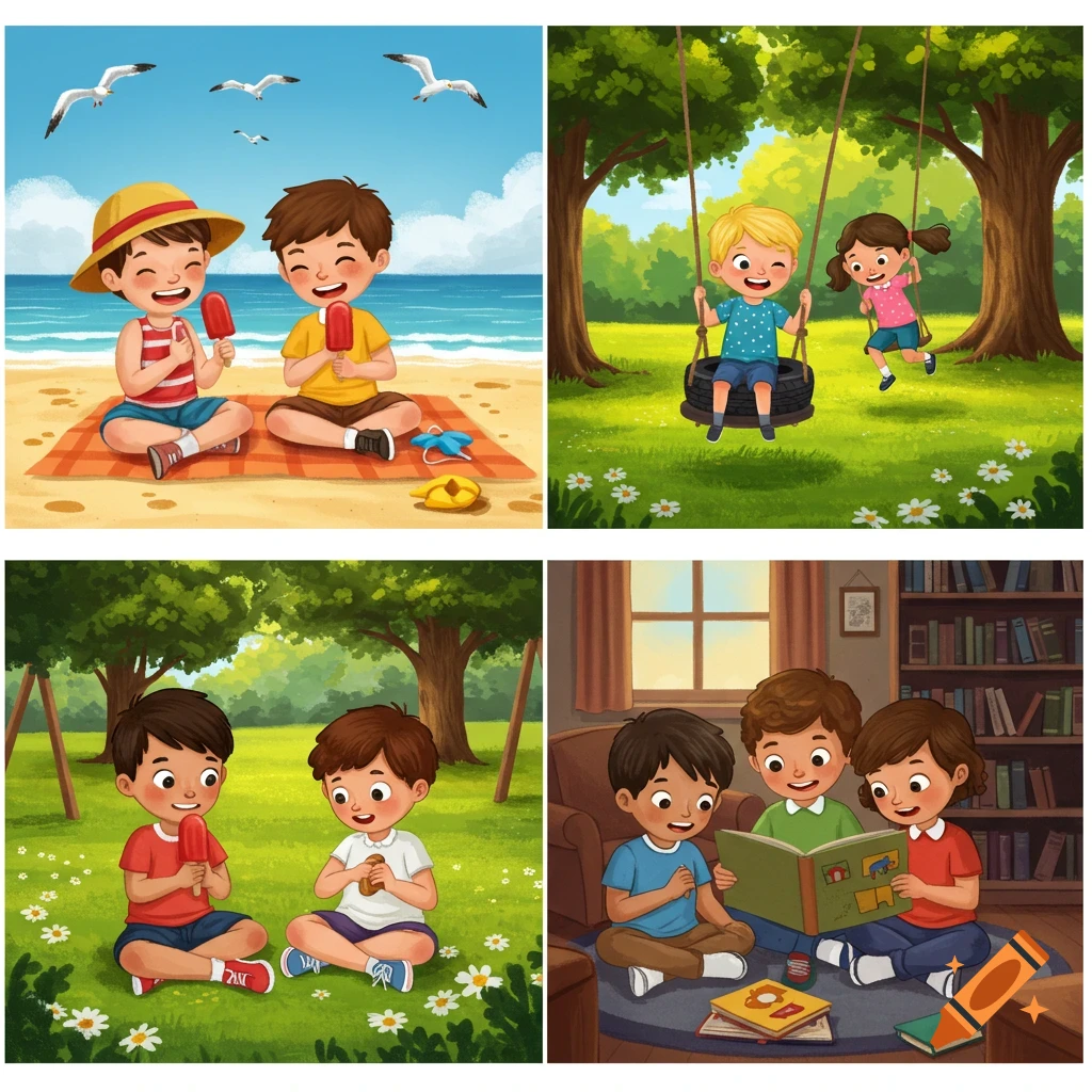 Four cartoon illustrations: two boys on a beach, a boy and girl swinging, two boys eating snacks, and three children reading books.