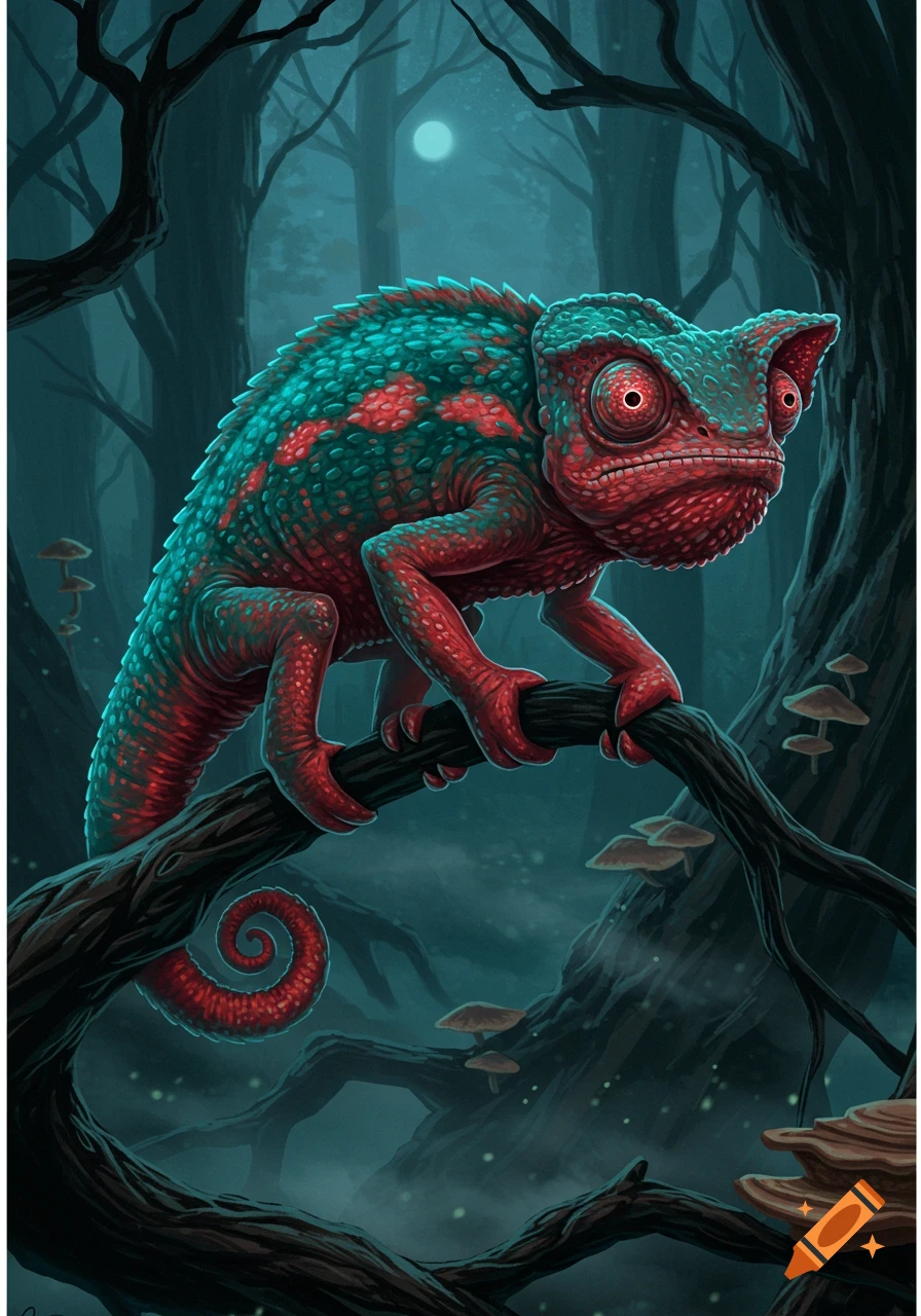 A monstrous red and teal chameleon with glowing red eyes on a branch in a misty, moonlit forest illustration.