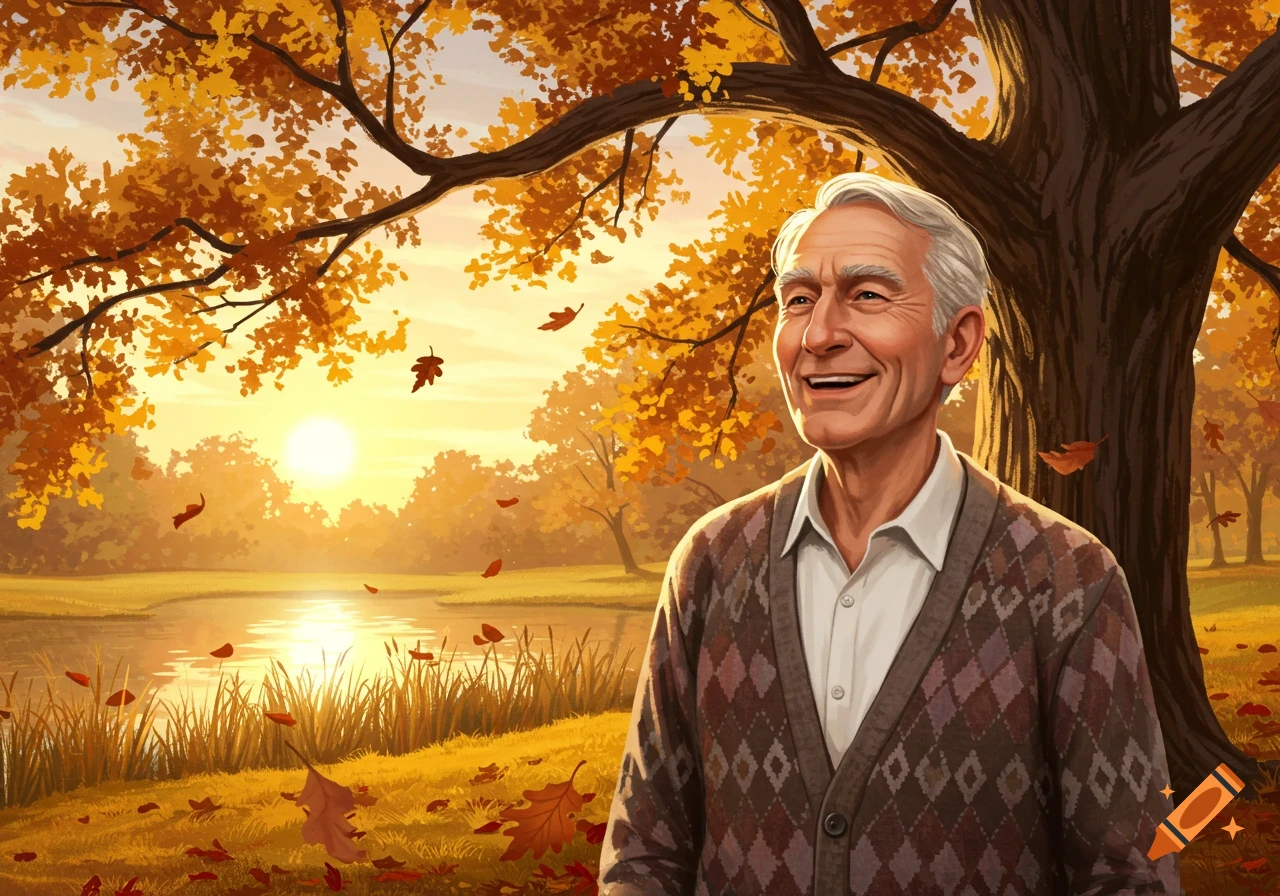 Smiling elderly man in a patterned cardigan, standing in an autumn park with golden trees, falling leaves, and a sunlit lake.