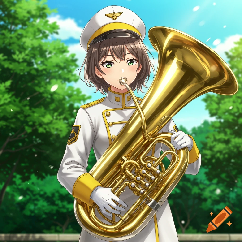 An anime-style woman in a white and yellow uniform and cap plays a large brass tuba outdoors under a blue sky.