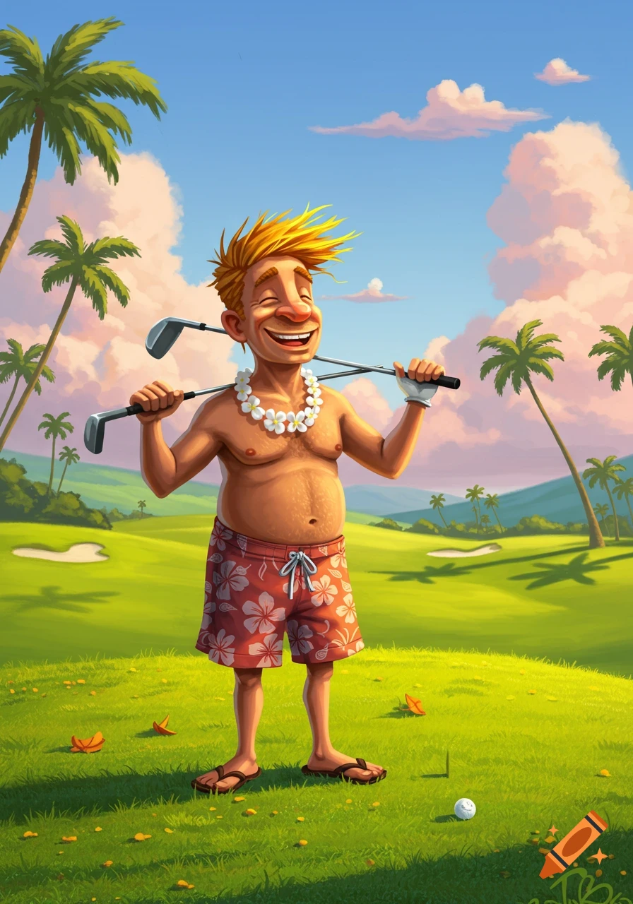 Cartoon of a cheerful, shirtless man in swim shorts carrying golf clubs on a tropical golf course with palm trees.