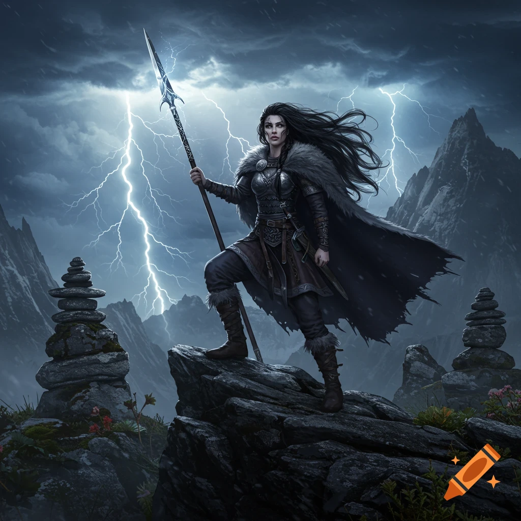A female warrior with long dark hair holds a glowing spear, standing on a mountain peak under a stormy sky with bright lightning.