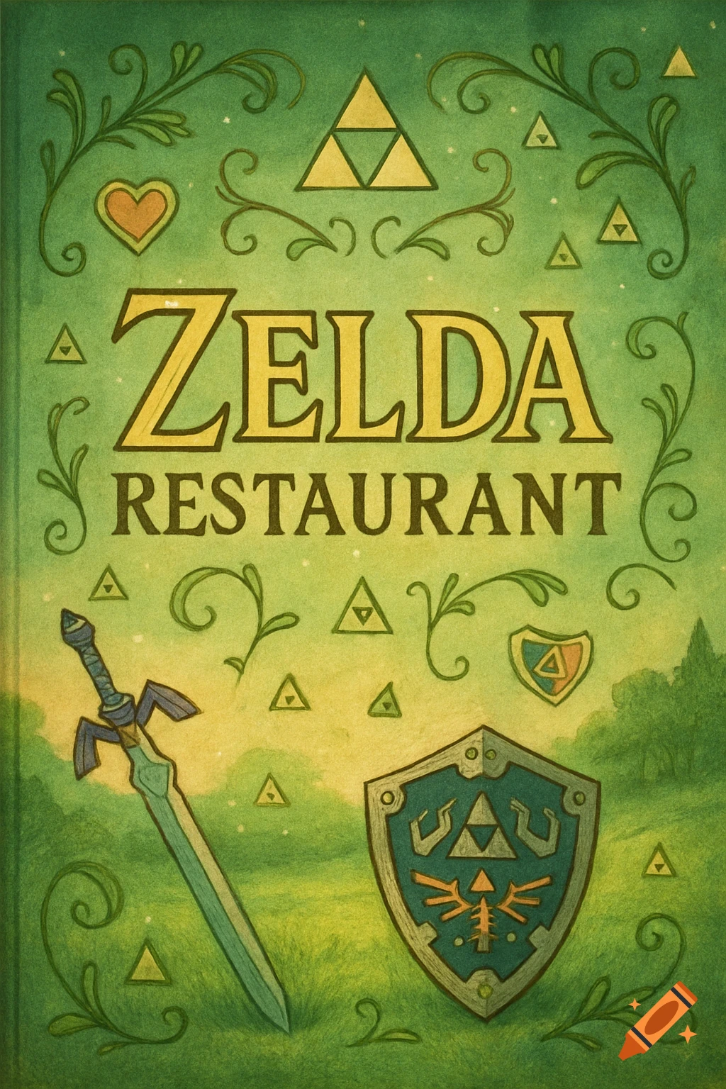 Green textured menu cover with Zelda, restaurant text, Master Sword, Hylian Shield, and Triforce symbols in a fantasy illustration.