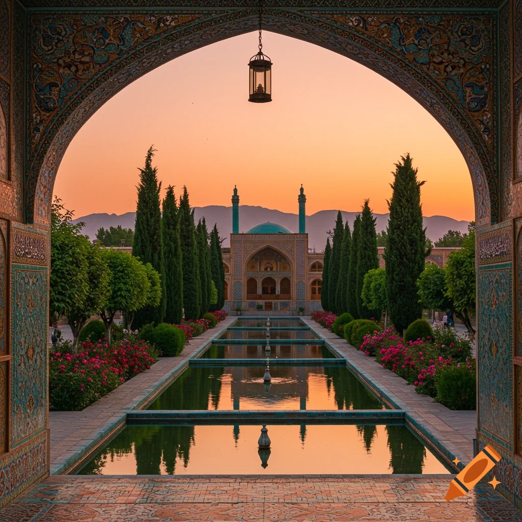An ornate archway frames a long pool reflecting an orange sunset sky and a distant mosque with a dome and two minarets, surrounded by tall cypress trees and flowering bushes.