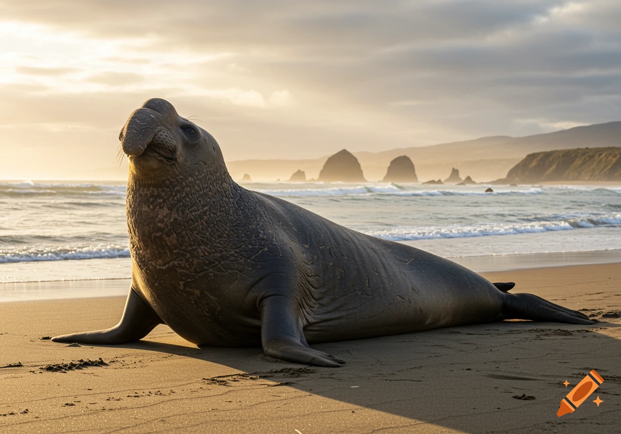 A photorealistic image of a large elephant seal lying on a sandy beach, with waves and a golden cloudy sky in the background.