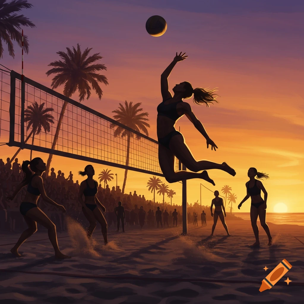 Silhouetted women playing beach volleyball at sunset on a sandy court with palm trees and spectators in the background.