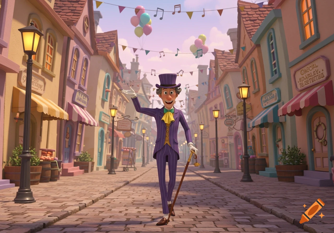 A dapper cartoon character in a purple suit and top hat waves on a cobblestone street in a whimsical town decorated with balloons.