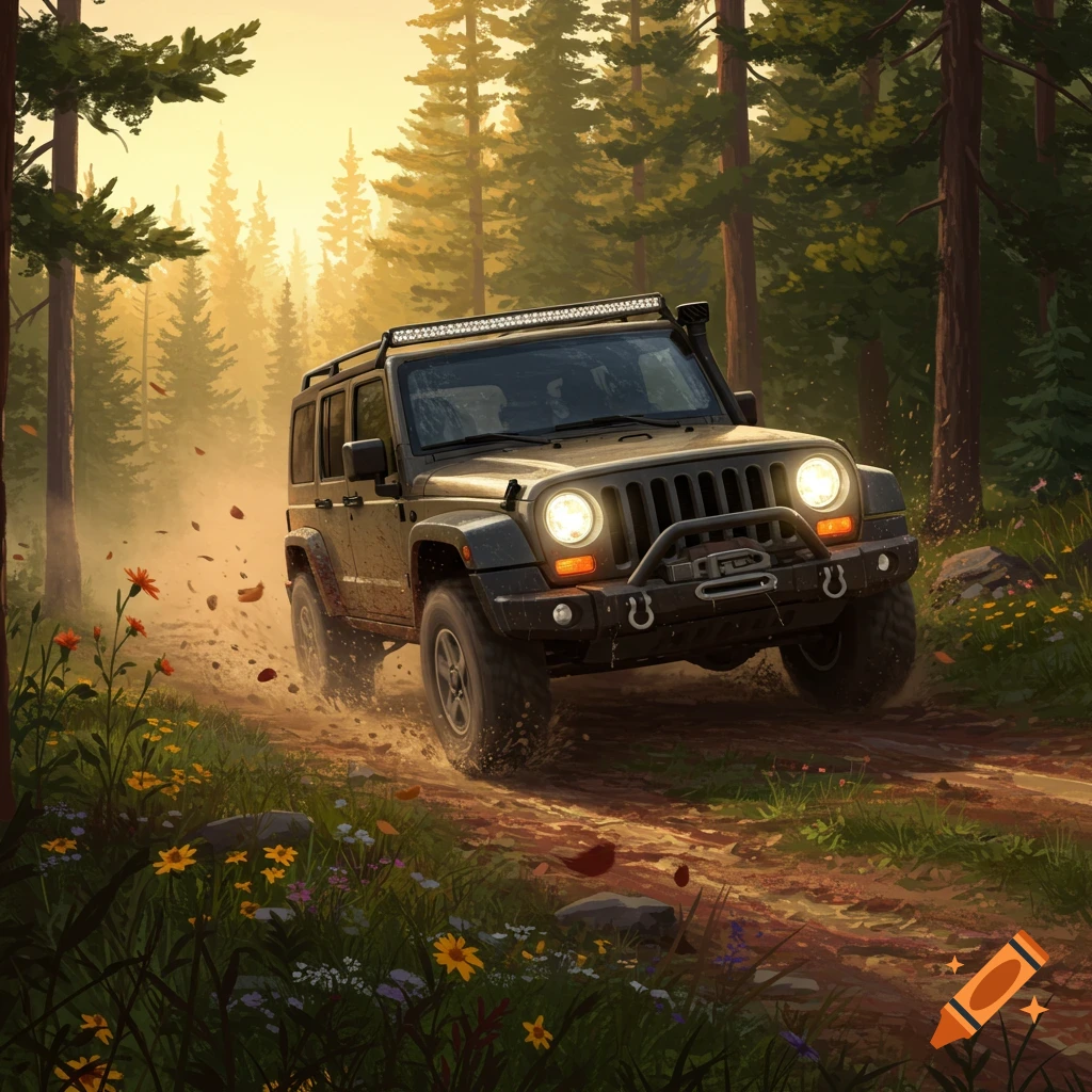 A dark green Jeep drives on a dirt path through a sun-drenched forest with dust and leaves flying, photorealistic style.