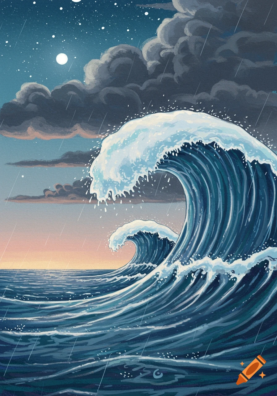 Illustrative painting of large, dark blue ocean waves crashing under a stormy, starry night sky with rain and a full moon.
